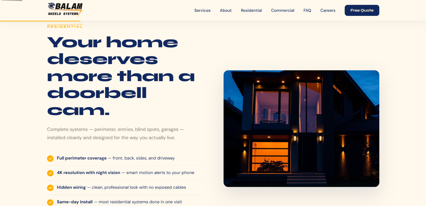Balam Shield Systems residential page showing a home at night and a list of coverage features.