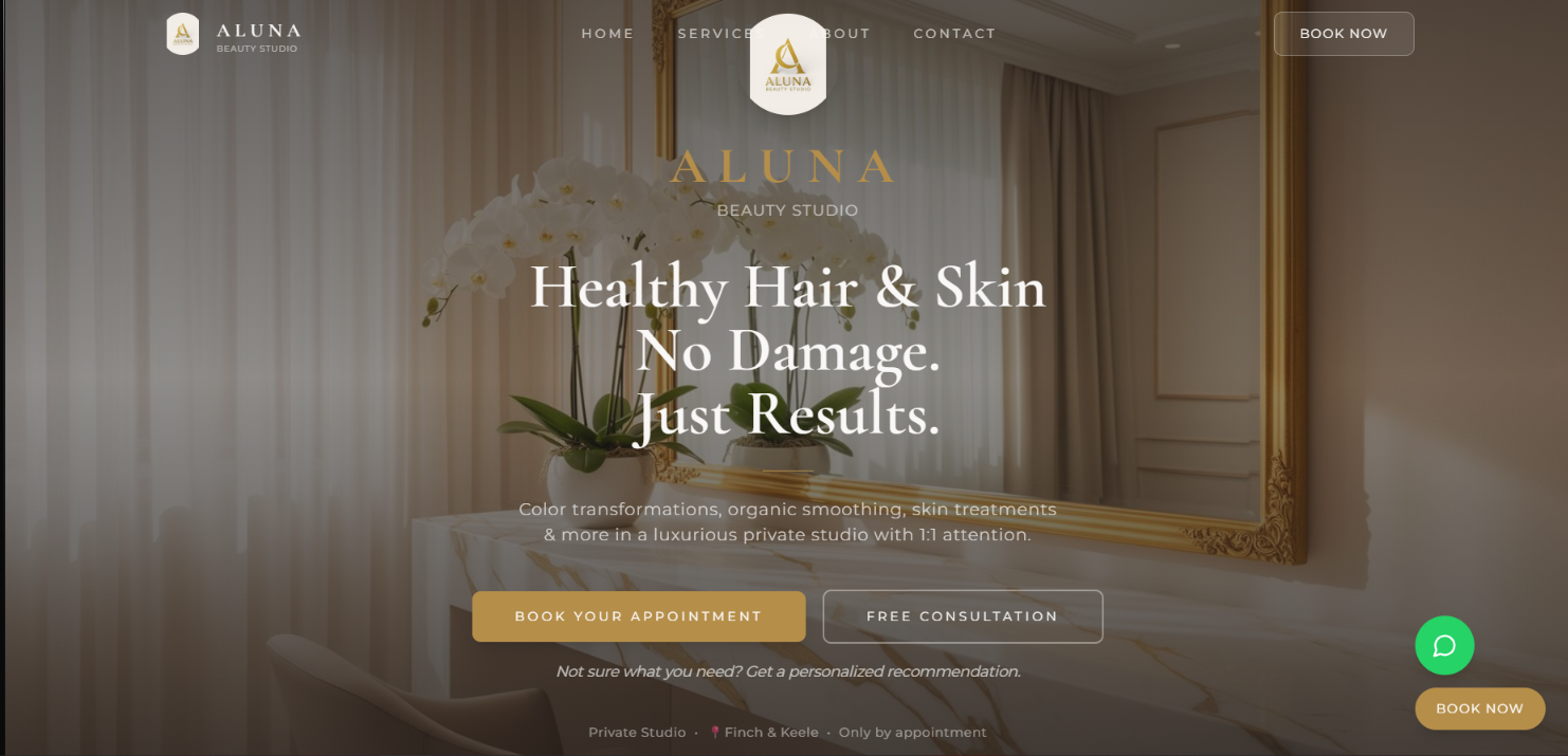 Aluna Beauty Studio homepage with a warm gold hero reading Healthy Hair and Skin, No Damage, Just Results.