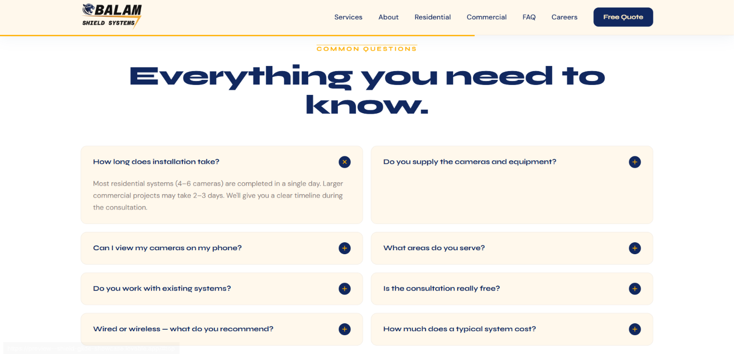 Balam Shield Systems FAQ section with expandable common questions.