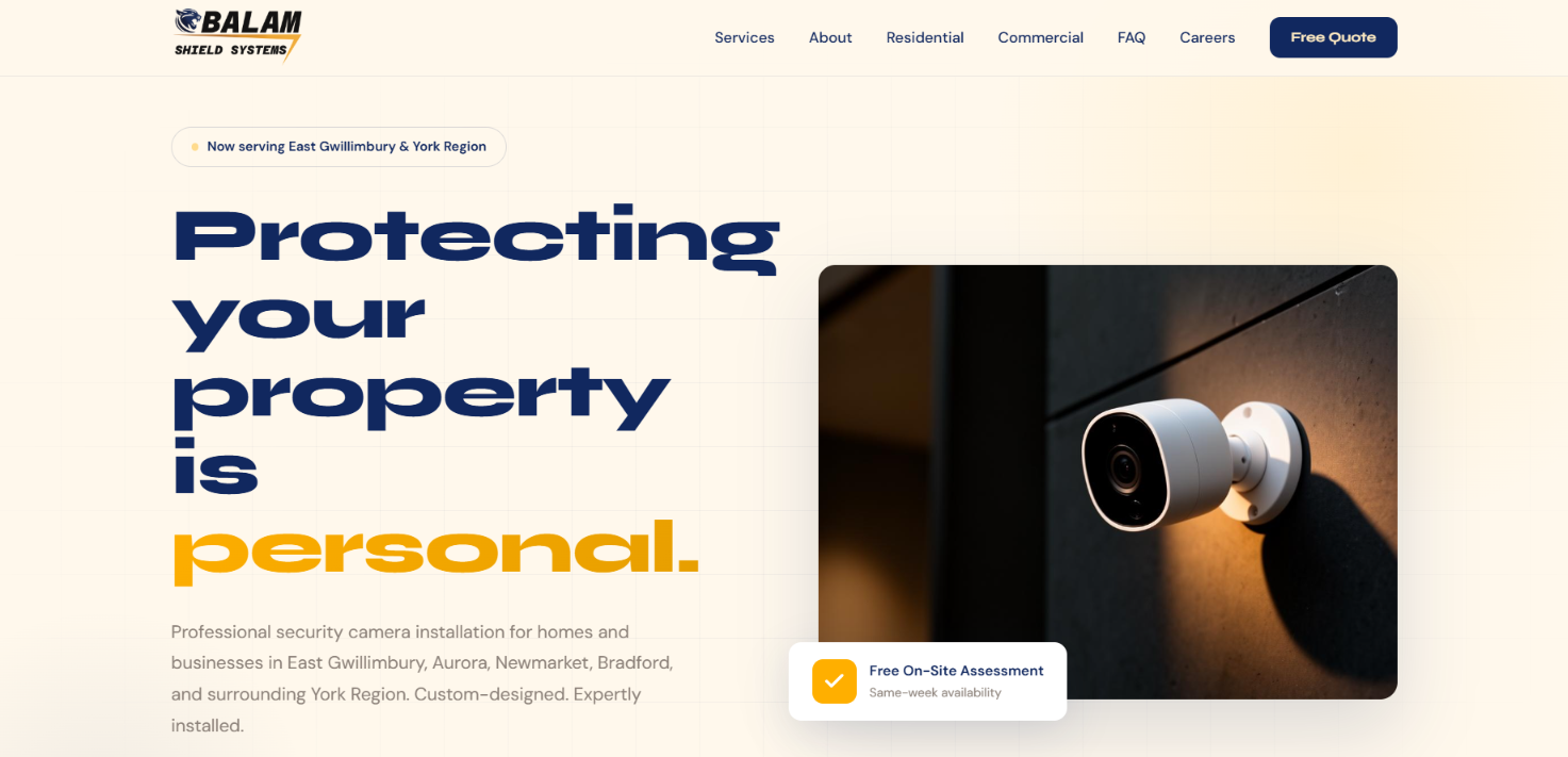 Balam Shield Systems homepage with a navy and gold hero reading Protecting your property is personal and a security camera photo.