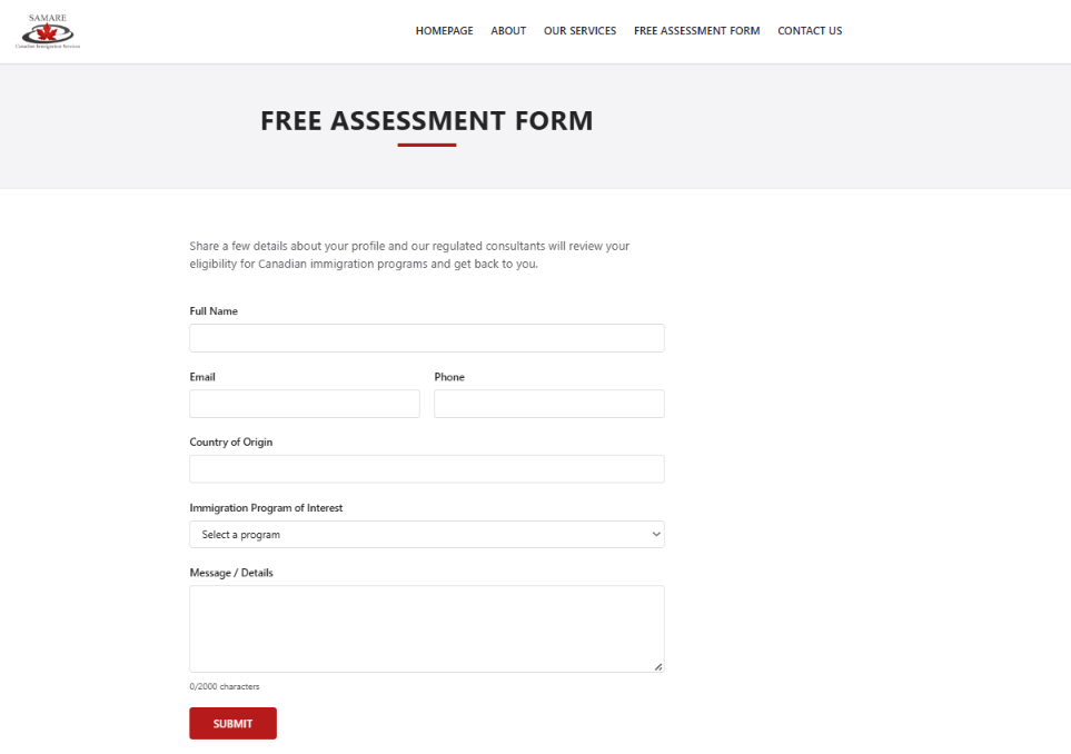 Samare Canadian Immigration Services free assessment form page.