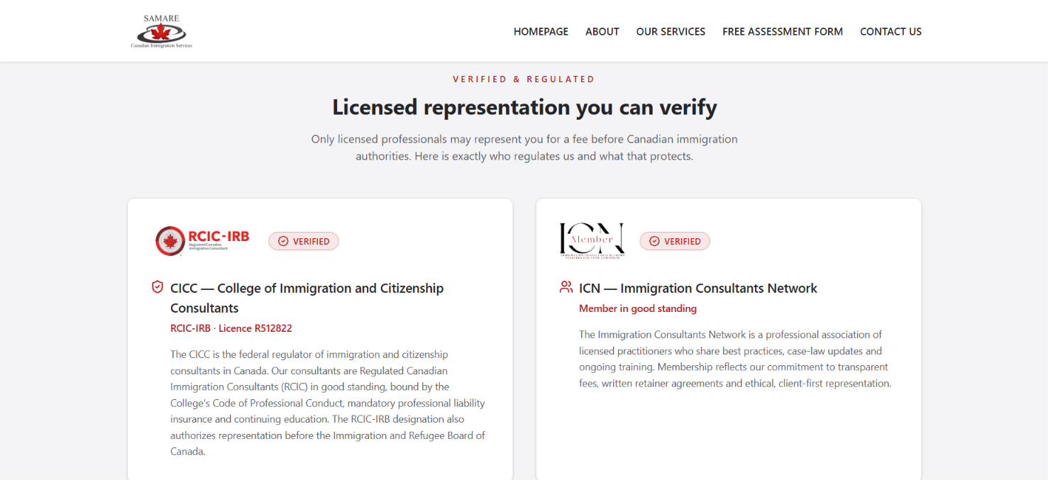 Samare Canadian Immigration Services licensing section showing CICC and ICN verification cards.