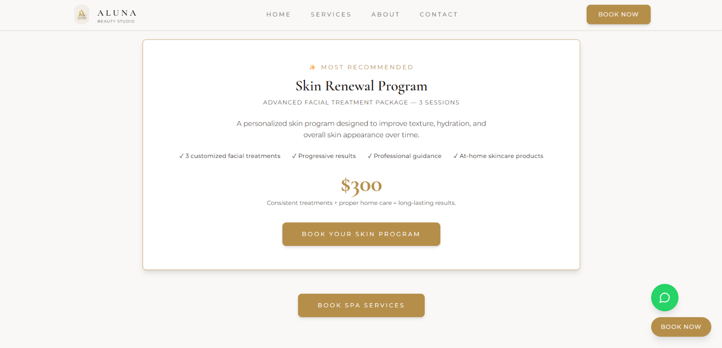 Aluna Beauty Studio skin renewal program package card with pricing and a booking button.